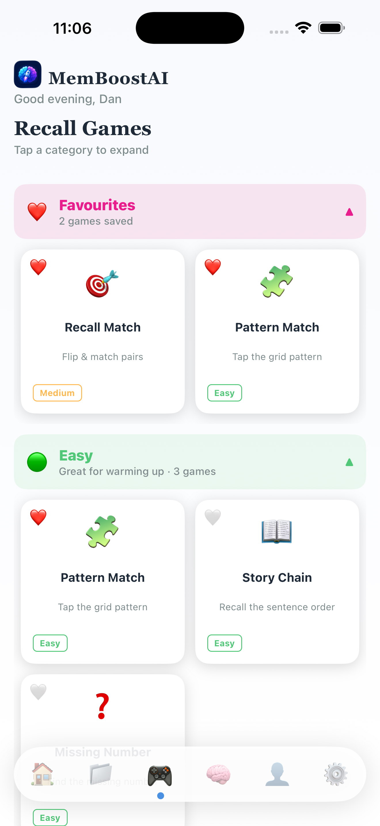MemBoostAI recall games screen