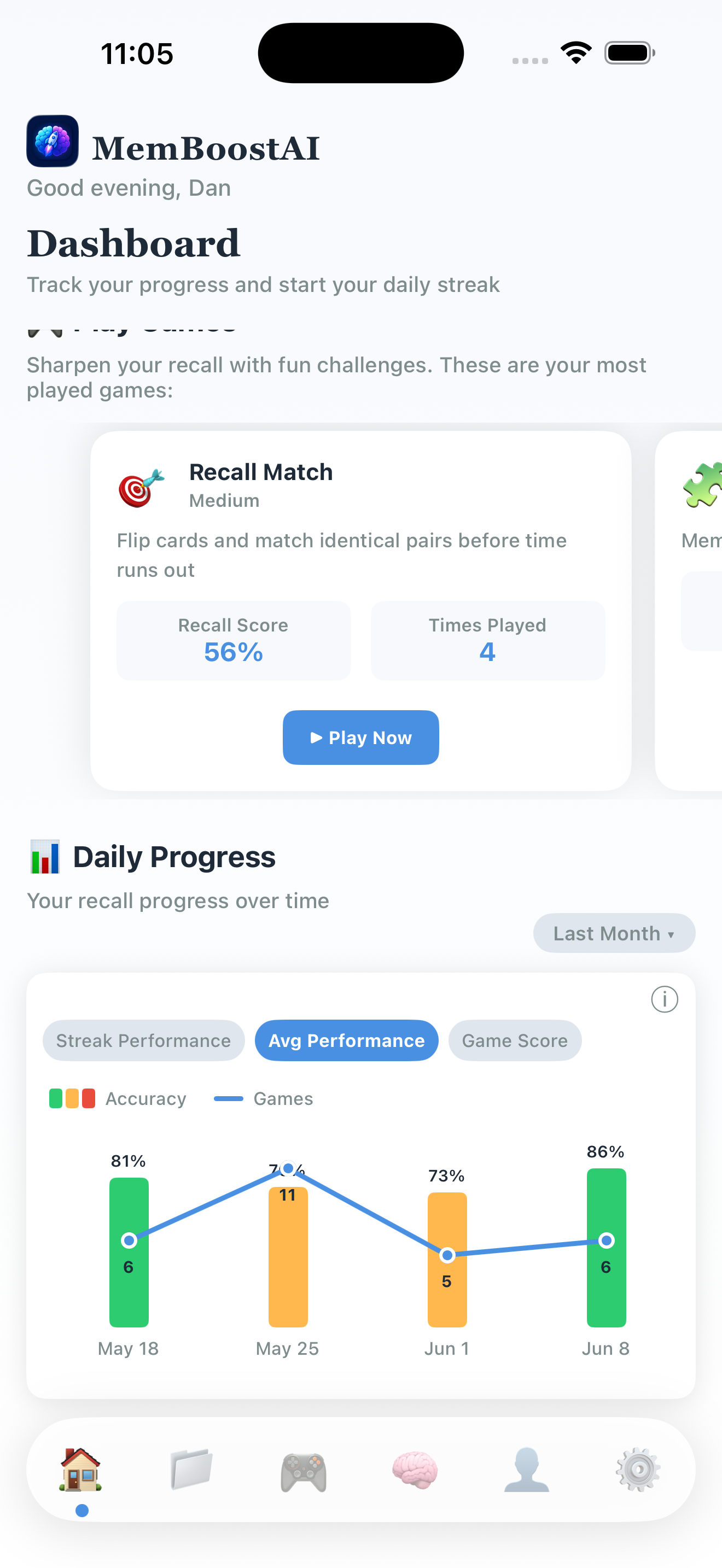 MemBoostAI progress charts for recall performance