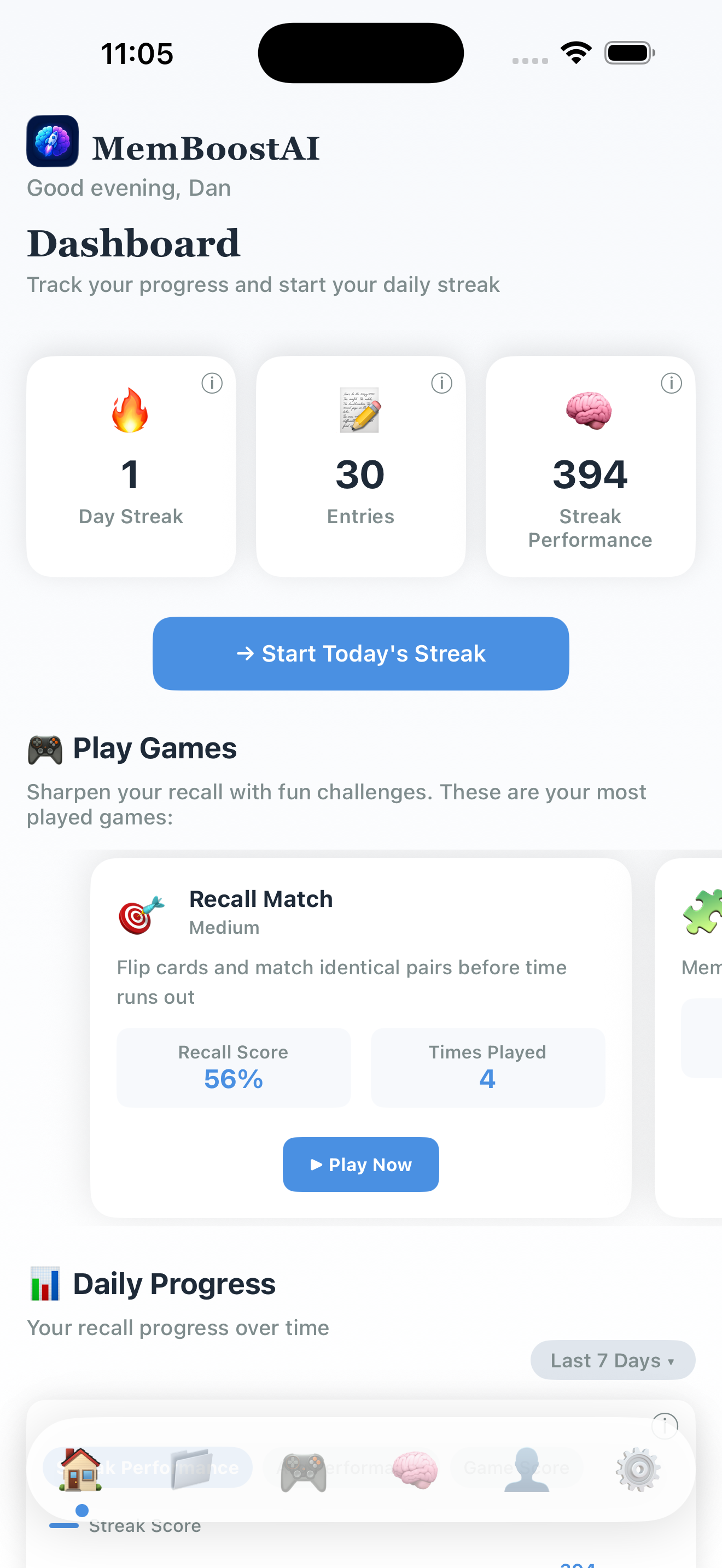 MemBoostAI daily streak dashboard